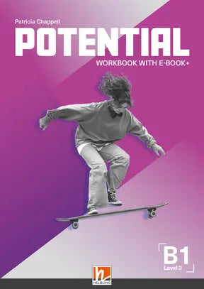 De cover van de b1 potential workbook met ebook van patricia chappell met zwart-wit skateboarder op paars-witte achtergrond