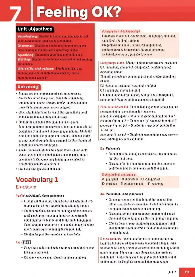 Pagina uit een educatief werkboek feeling ok met woordenlijst en oefeningen over emoties in potential b2 students book