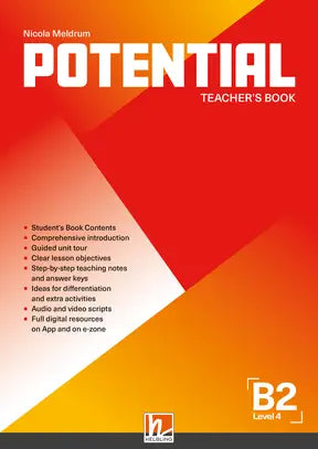De cover van het potential b2 teacher’s book door nicole mohr met een gedurfd rood en oranje geometrisch ontwerp en witte tekst