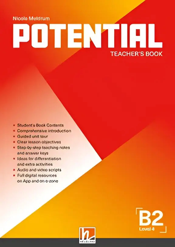 De cover van het potential b2 teacher’s book door nicole mohr met een gedurfd rood en oranje geometrisch ontwerp en witte tekst
