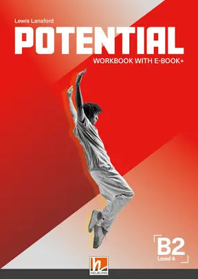 Rood-wit omslag van potential b2 workbook van lewis lansford met een persoon in mid-air tegen een geometrische achtergrond