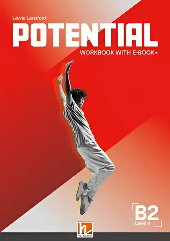 Rood-wit omslag van potential b2 workbook van lewis lansford met een persoon in mid-air tegen een geometrische achtergrond