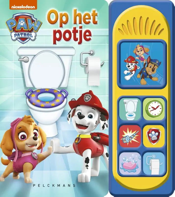 Blauwe en gele interactieve speelgoedtelefoon met paw patrol-personages voor jonge lezers op het potje training