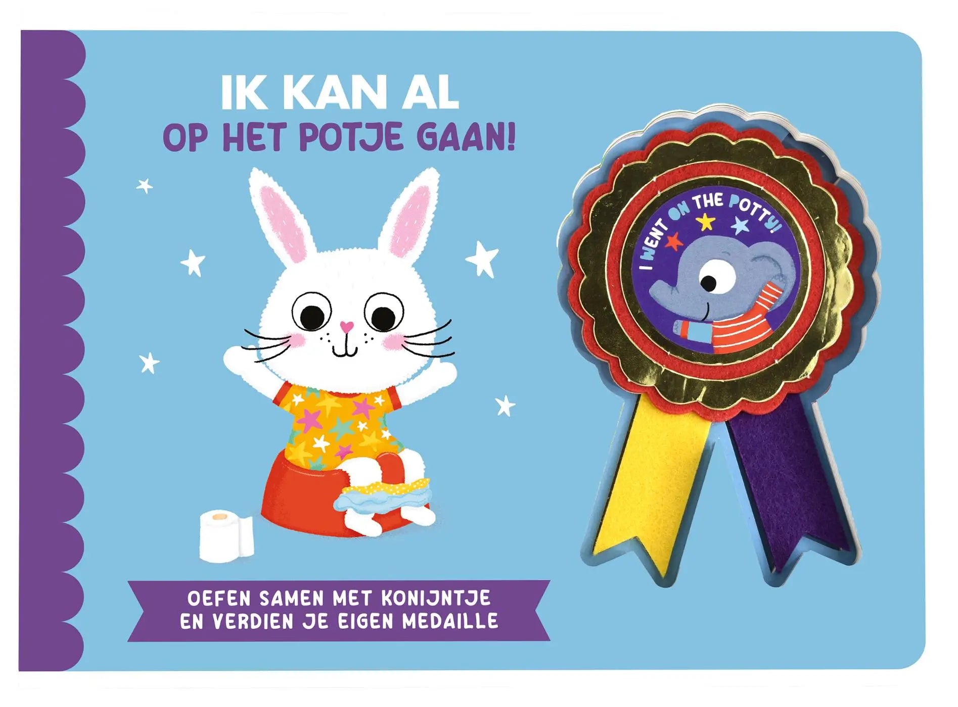 Een vrolijke witte konijn in een kleurrijke jurk zit op een rood potje met een medaille potje gaan jonge lezers