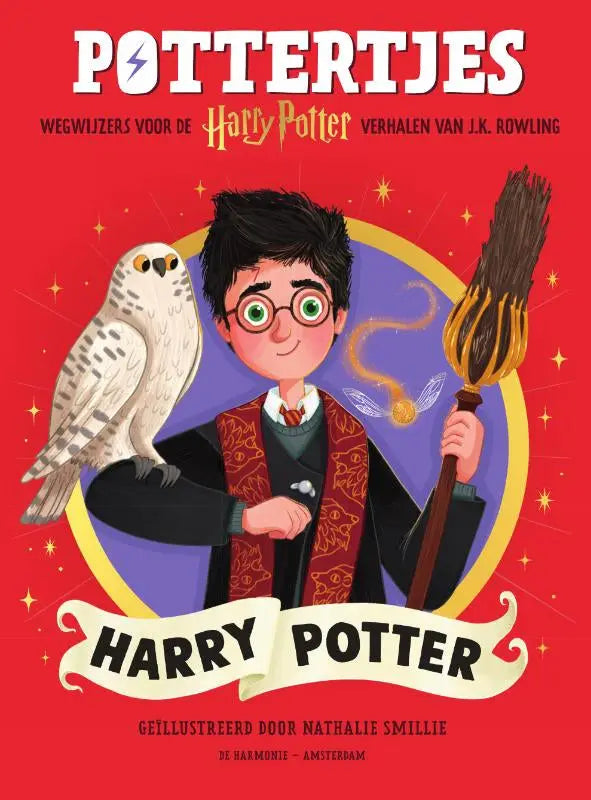 Pottertjes harry potter kinderboek met kleurrijke illustratie van harry met uil en toverstok op rode achtergrond