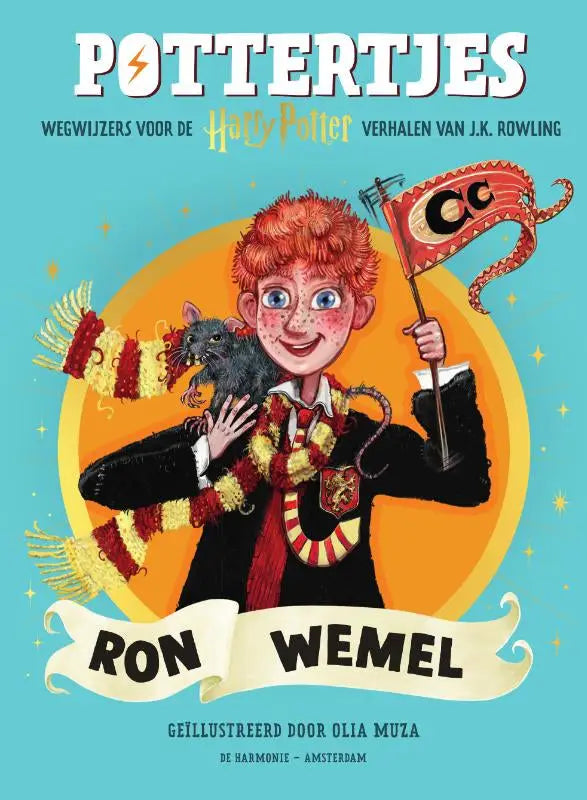 Illustrated children’s book cover pottertjes featuring ron wemel a cartoon boy with red hair freckles black robe and flag