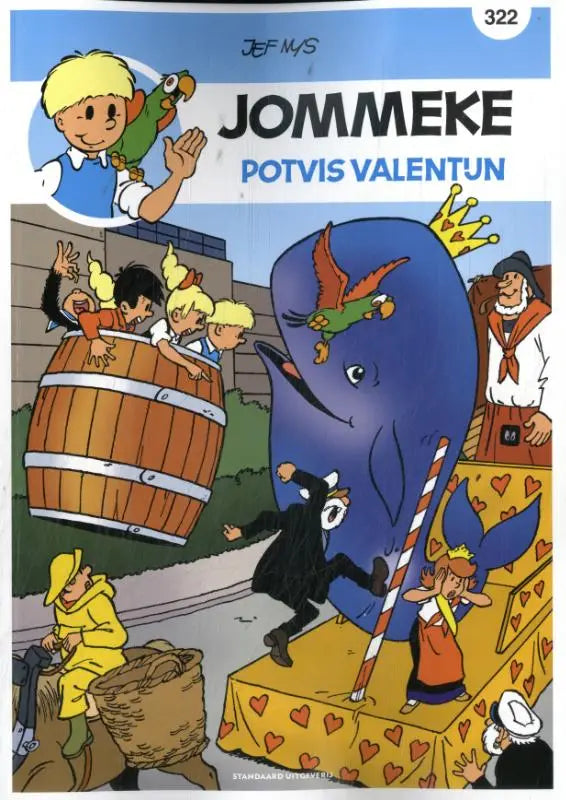 Potvis valentijn boek met een blauwe potvis met gouden kroon en groene papegaai in levendige cartoonstijl voor jonge lezers