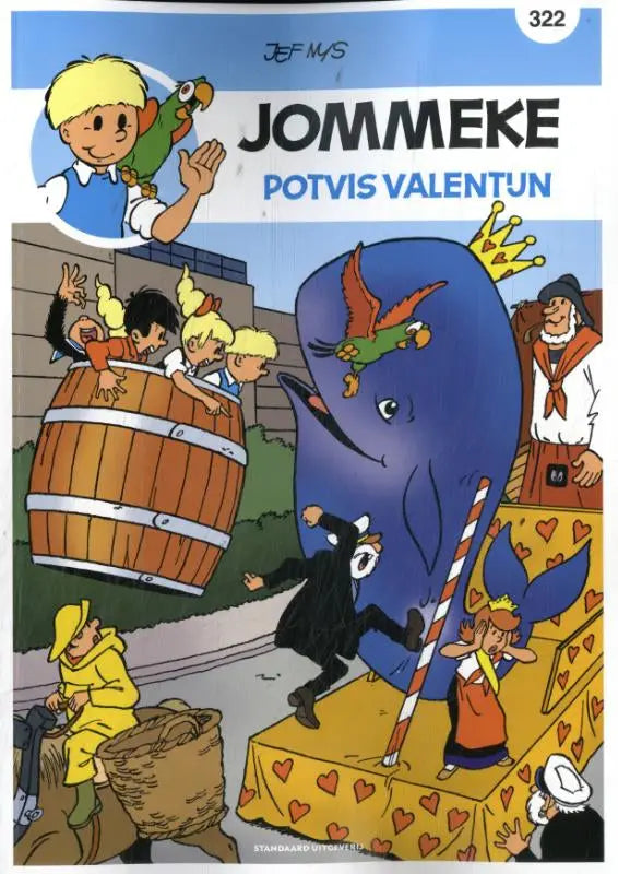 Potvis valentijn strip met blauwe vinvis met gouden kroontje en groene papegaai in levendige jef nys informatieve strips stijl