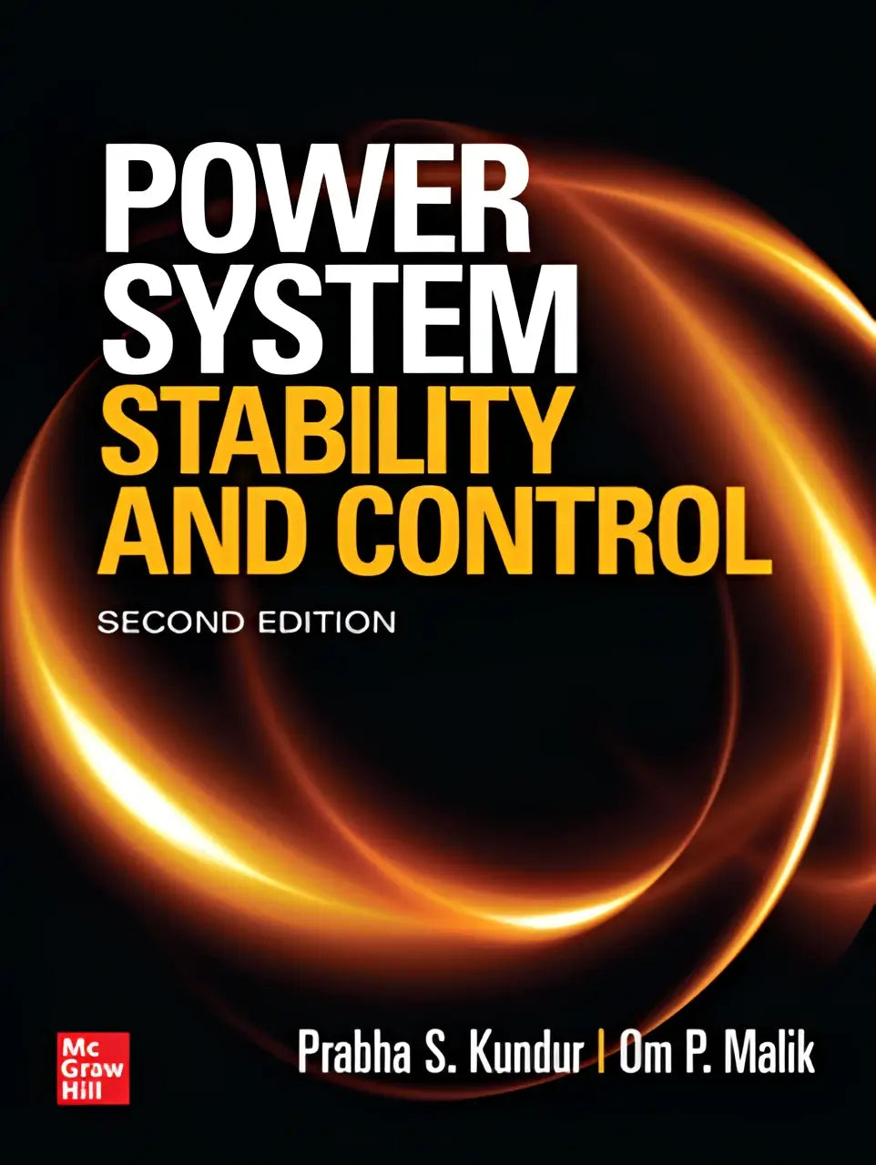 Black hardcover textbook power system stability and control second edition with bold white yellow text and orange flame design
