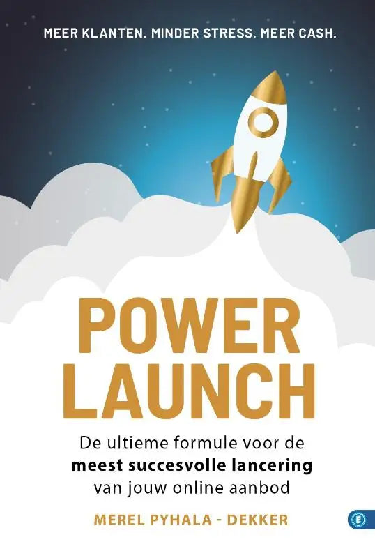 Een goud-wit raket met een cirkelvormig raam stijgt boven gestileerde wolken voor de ultieme formule succesvolle lancering van jouw online aanbod