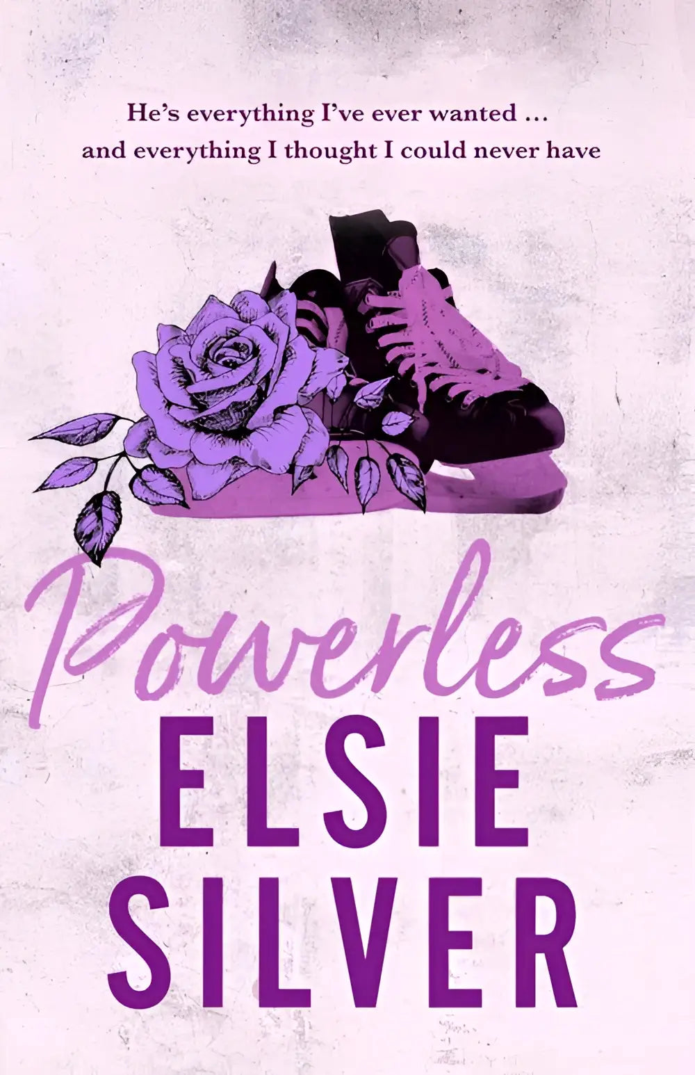 Paarse rolschaatsen met zwarte veters en een paarse rozenillustratie op het boek powerless van elsie silver small-town romance