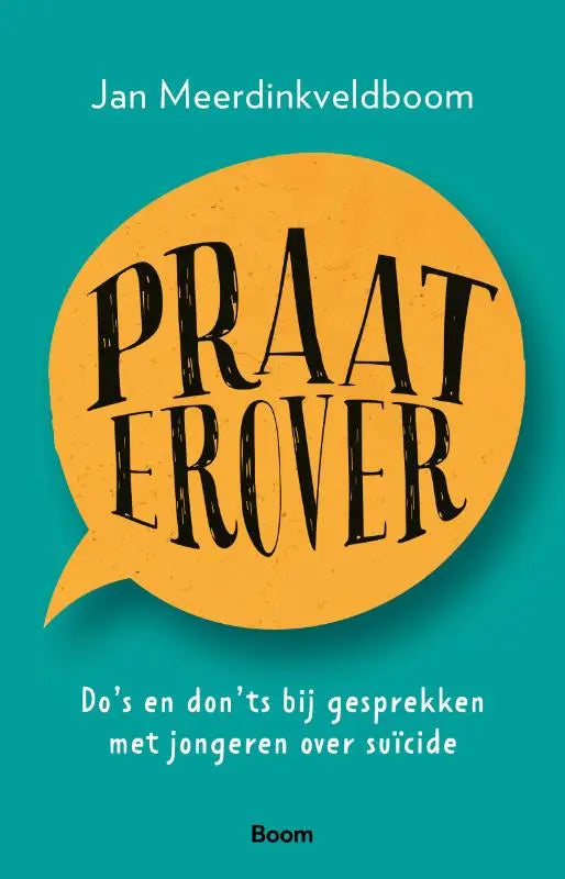 Gele spreekballon met zwarte letters praat erover op een blauwe achtergrond voor jonge lezers over suïcidale gesprekken