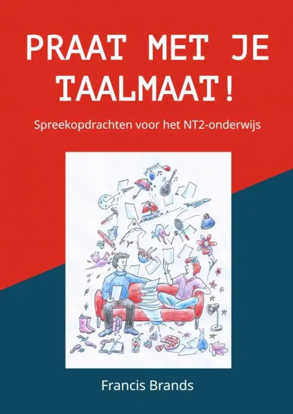 Rood en blauw boekcover met cartoonillustratie van twee mensen op een bank en zwevende objecten voor nt2-onderwijs
