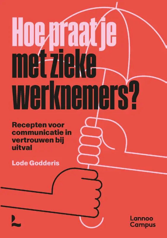Rood boek hoe praat je met zieke werknemers met minimalistische lijntekening van handen die een paraplu vasthouden