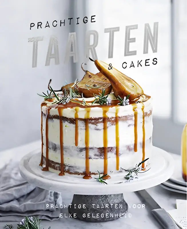 Witte cake met karameldruppel en geroosterde peren in prachtige foto voor prachtige taarten en cakes voor elke gelegenheid