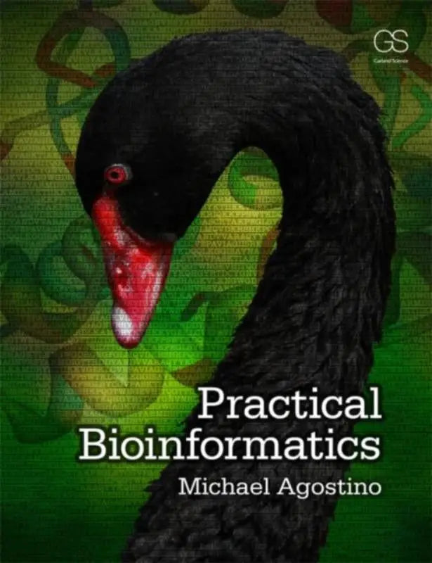 Black swan with glossy feathers and vibrant red beak on the cover of practical bioinformatics by michael agostino