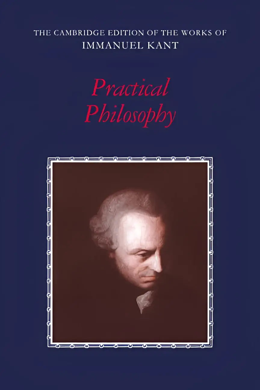Diepblauw hardcover boek praktische filosofie van immanuel kant met sepia portret en ornamenten over morele en politieke thema’s