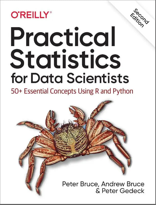 De boekcover van o’reilly practical statistics for data scientists toont een gedetailleerde rode en bruine krab voor statistische methoden in data science