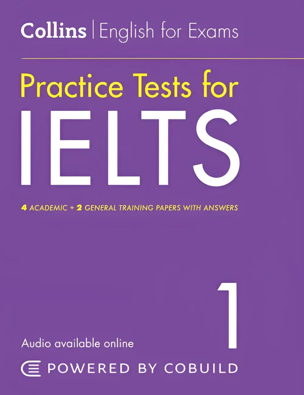 Paars omslagen collins practice tests for ielts 1 boek met antwoorden en audio voor niveau 1 examenvragen