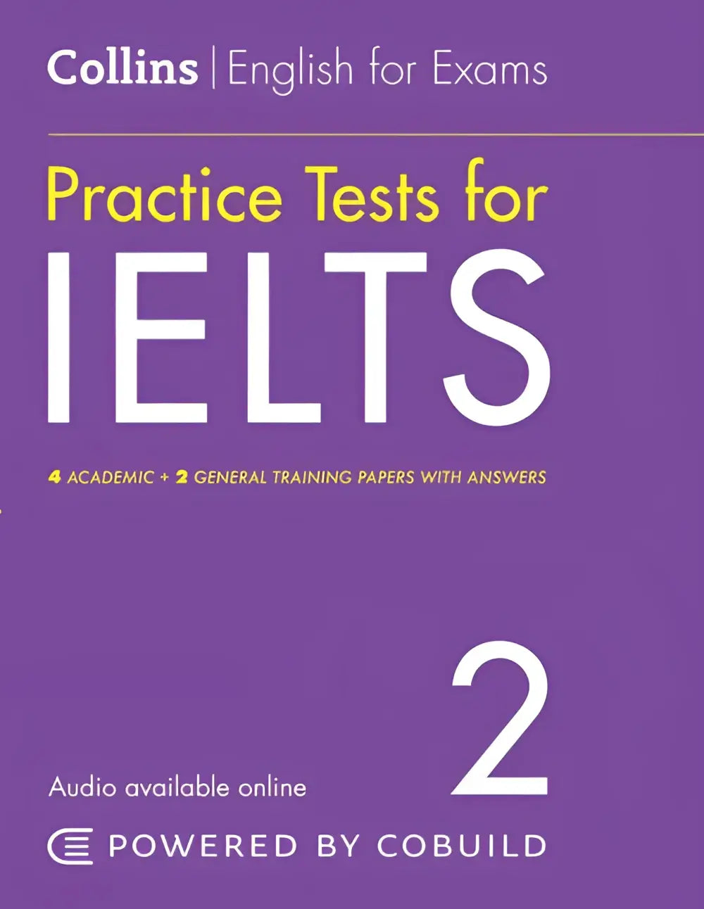 Paars boek met witte en gele tekst collins english for exams practice tests for ielts 2 met antwoorden en audio