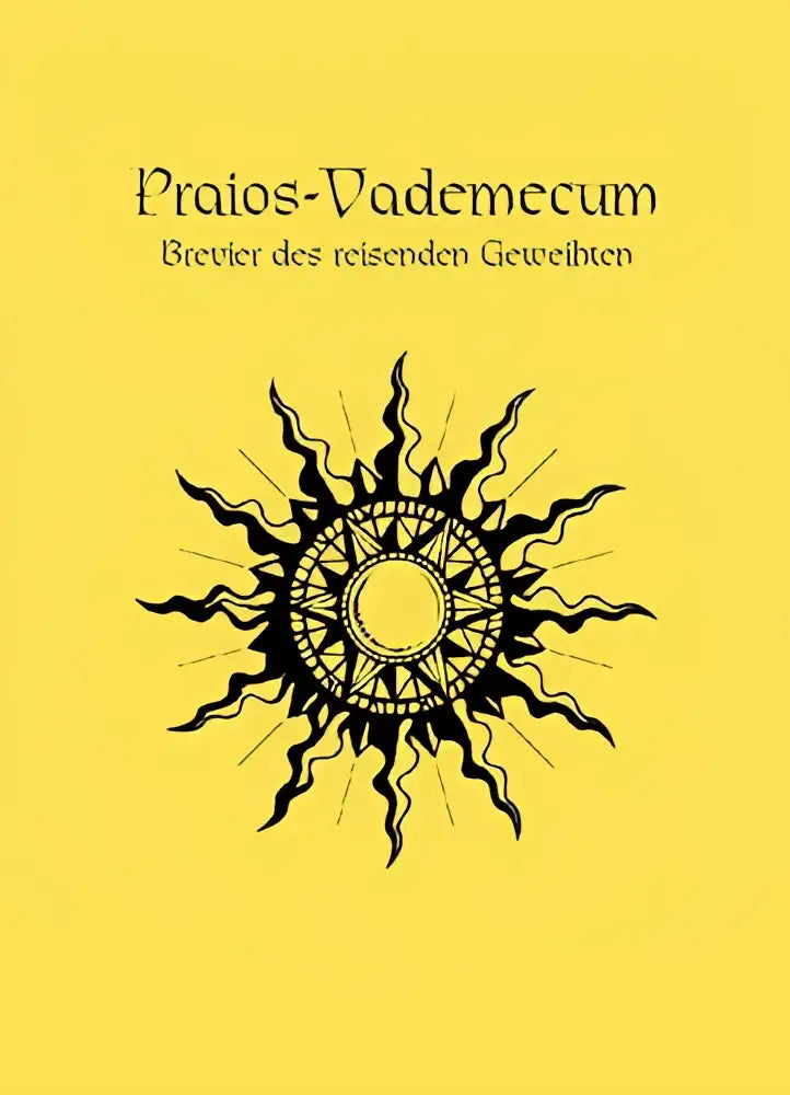 Gele boekomslag van das schwarze auge gebedsboek praios vademecum met zwarte gestileerde zon en sierlijk lettertype