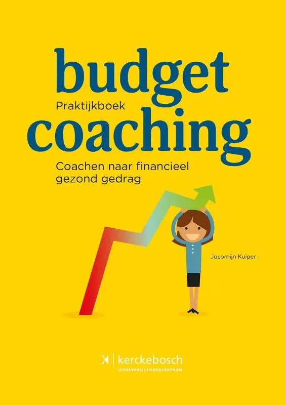 Fel geel praktijkboek budgetcoaching met titel in blauw en cartoon van persoon naast stijgende grafiek door jacomijn kuiper vrije uitgevers