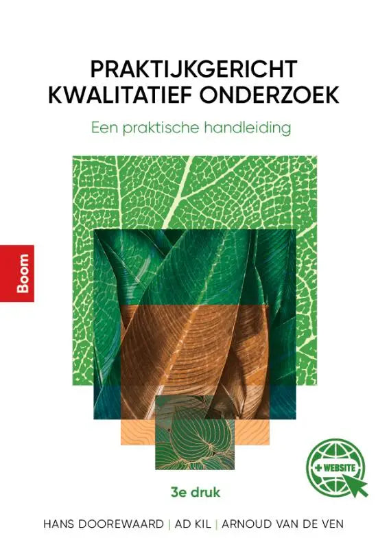 Praktijkgericht kwalitatief onderzoek 3e druk boek met groenbruine bladpatronen en collage stijl omslag