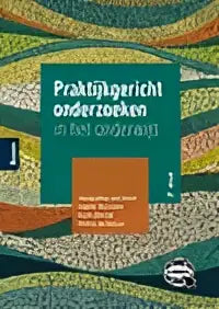 Boekcover van praktijkgericht onderzoeken in het onderwijs in teal en oranje met een gekleurd gestippeld golfpatroon