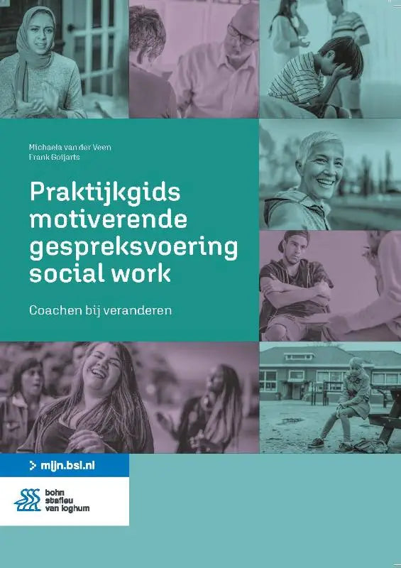 Teal kleurige praktijkgids motiverende gespreksvoering social work met collage van zes foto’s in zachte roze en blauwe tinten