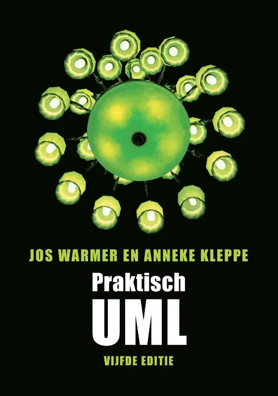 Illustratie van een groene gestileerde virus op zwarte achtergrond voor praktisch uml herziene editie door anneke kleppe