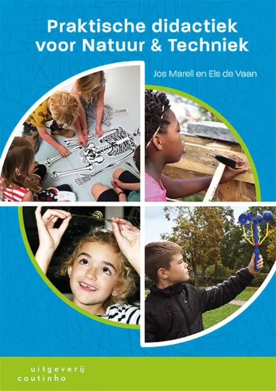 Blauwe en groene boekcover Praktische didactiek voor natuur & techniek met cirkelfoto’s kinderen bij hands-on leren
