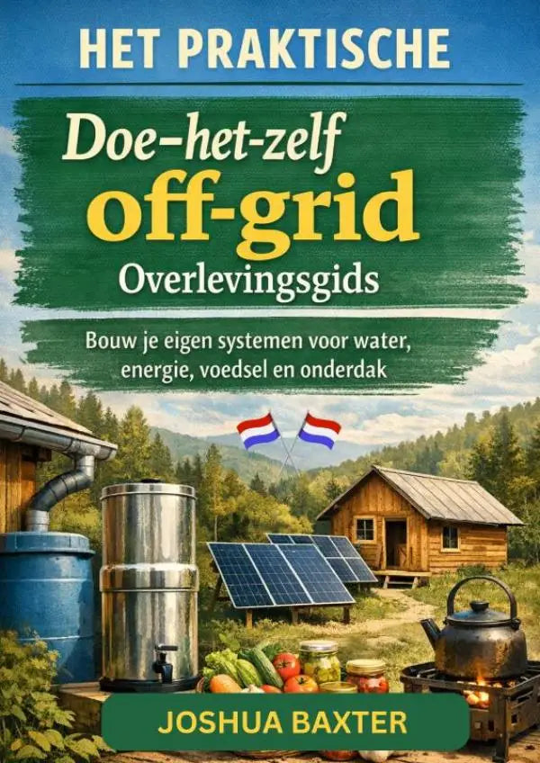 Cover van de praktische doe-het-zelf off-grid overlevingsgids met zonnepalen en watervoorzieningen in rustieke buitenomgeving