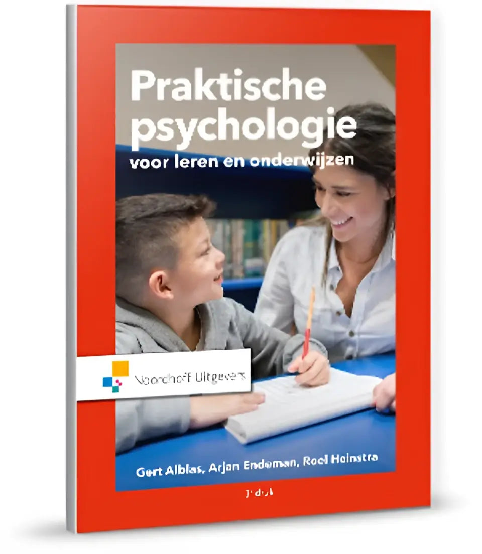 Rode hardcover boek praktische psychologie voor leren en onderwijs met foto van volwassene en kind op de omslag