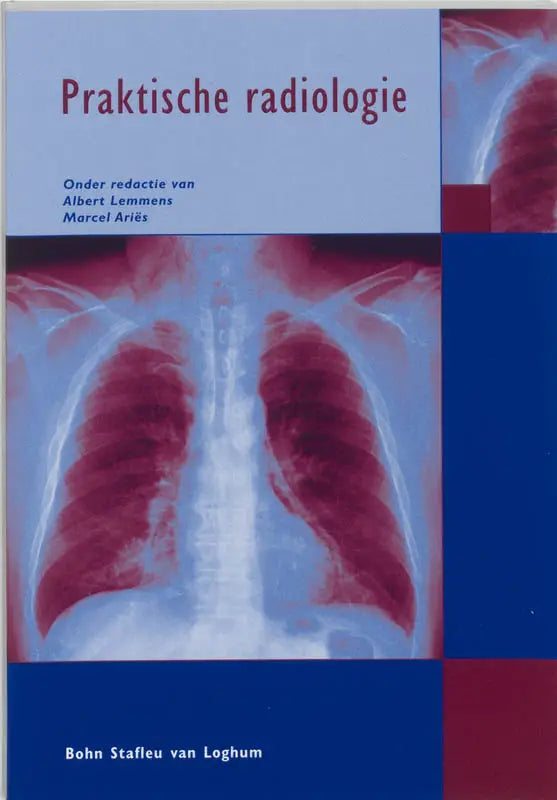 De boekcover van praktische radiologie toont een medische röntgenfoto van longen in rood en blauw met bsl media logo