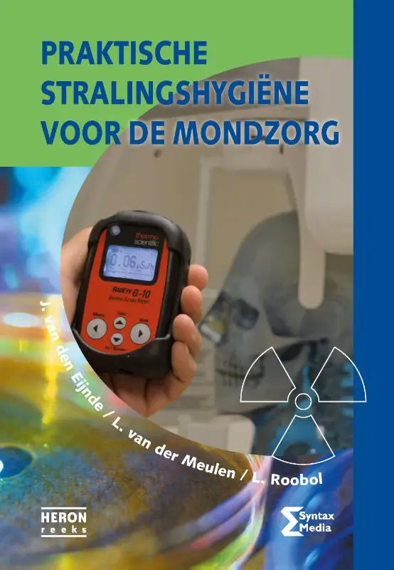 Oranje en zwarte draagbare stralingsdetector in hand voor praktische stralingshygiene van syntax media mondzorg