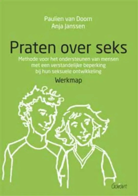 Groen boek omslag met witte lijntekeningen van twee personen en nederlandse tekst over praten over seks