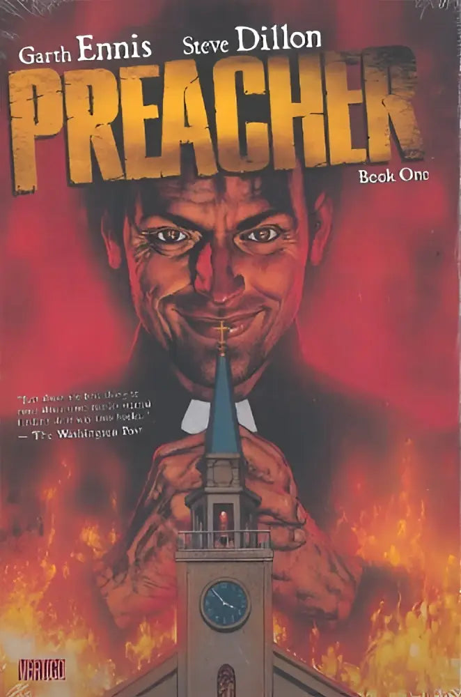 De cover van preacher book one met een opvallende illustratie, vurig rode achtergrond en gele letters
