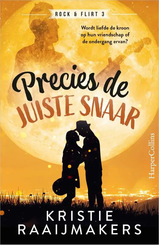 De boekcover van precies de juiste snaar toont een silhouet van twee mensen die kussen voor een oranje maan