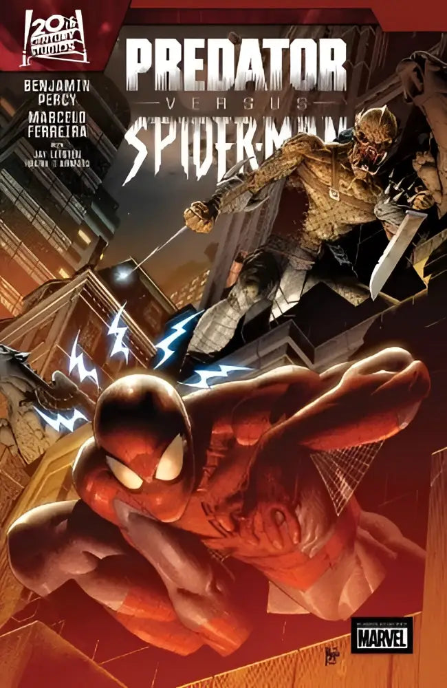 Predator versus spider-man comicboekcover in rood en zwart met een spannende gevechtsscène
