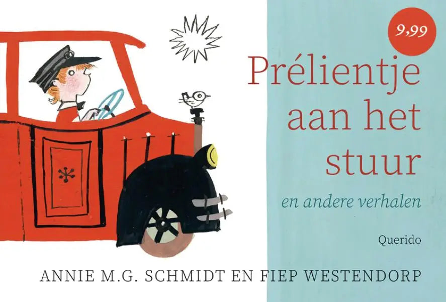 Rode vintage auto met zwart helm en vogel op stuur in prélientje aan het stuur voor jonge lezers