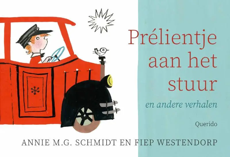Prélientje aan het stuur illustratie van een rood vintage brandweerwagen met zwarte wielen en gele lamp in cartoonstijl