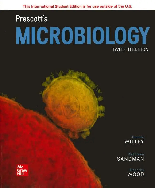De cover van prescott’s microbiology ise twelfth edition toont een levendige virusillustratie met gele en groene stekels