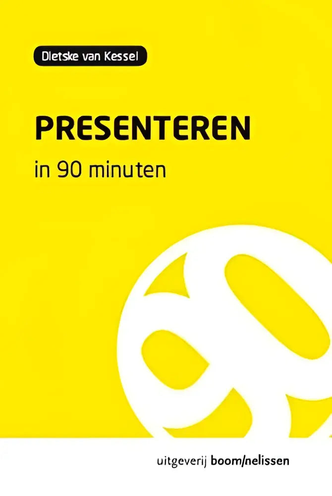 Helder geel boek met zwarte tekst presentaten in 90 minuten en witte abstracte cirkelvorm, uitgegeven door uitgeverij boom nellissen