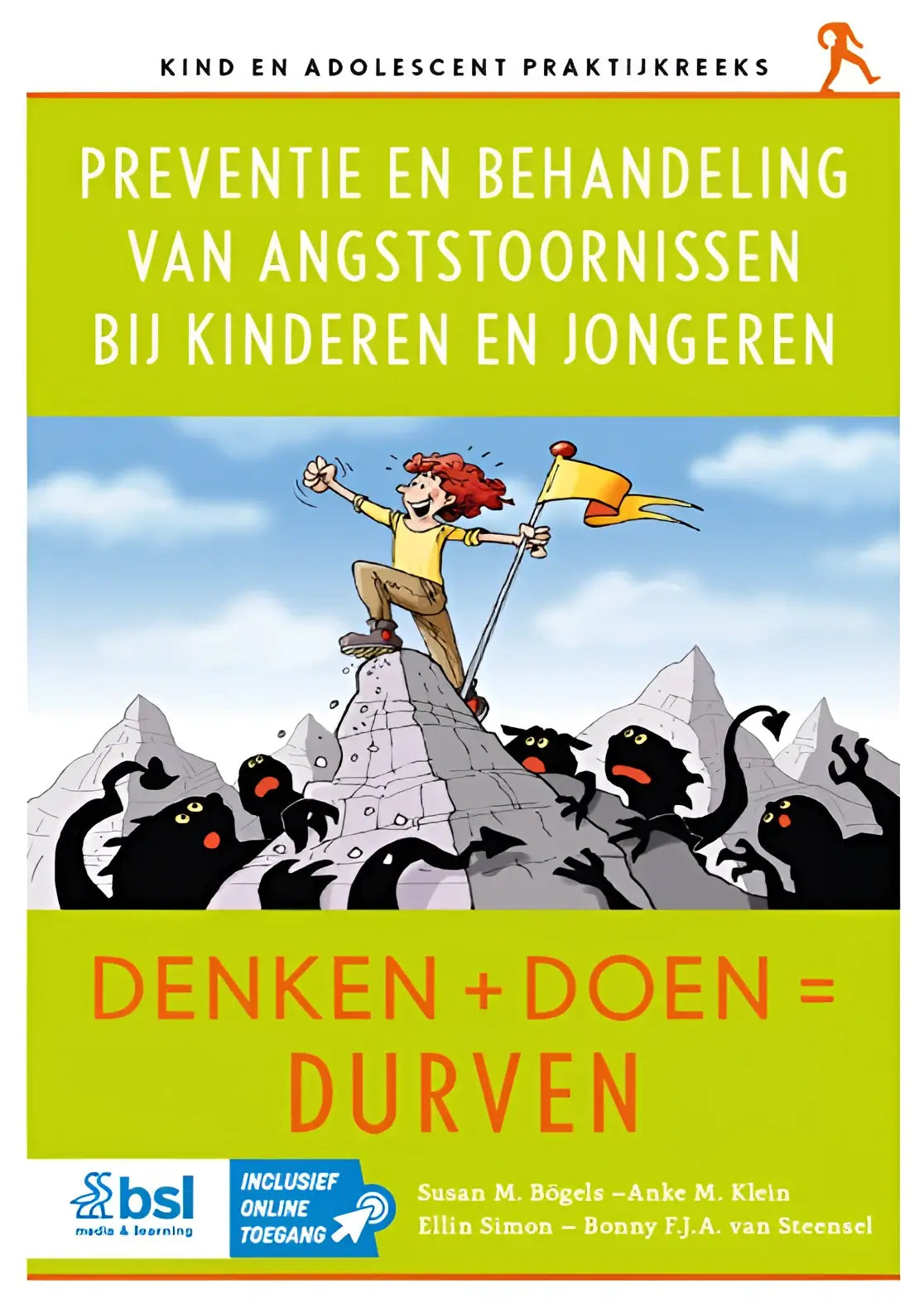 Een limegroen boek voor jonge lezers over preventie en behandeling van angststoornissen met een kind op een bergtop