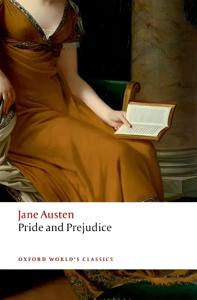 De boekcover van pride and prejudice toont een vrouw in een goudbruune jurk zittend met een open boek van jane austen