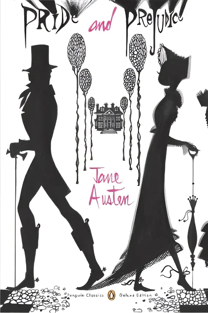 Zwart-witte silhouet boekomslag van pride and prejudice met een heer en dame, penguin classics deluxe editie