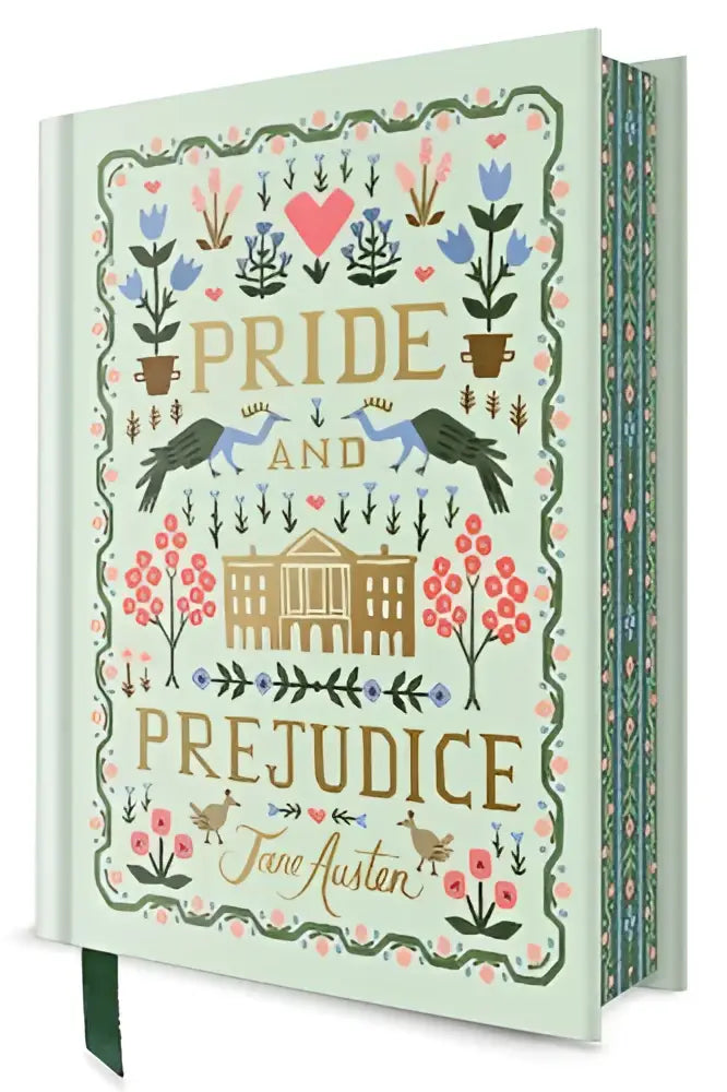 Een muntgroen hardback deluxe editie boek pride and prejudice van jane austen met bloemmotieven en vogels op de omslag