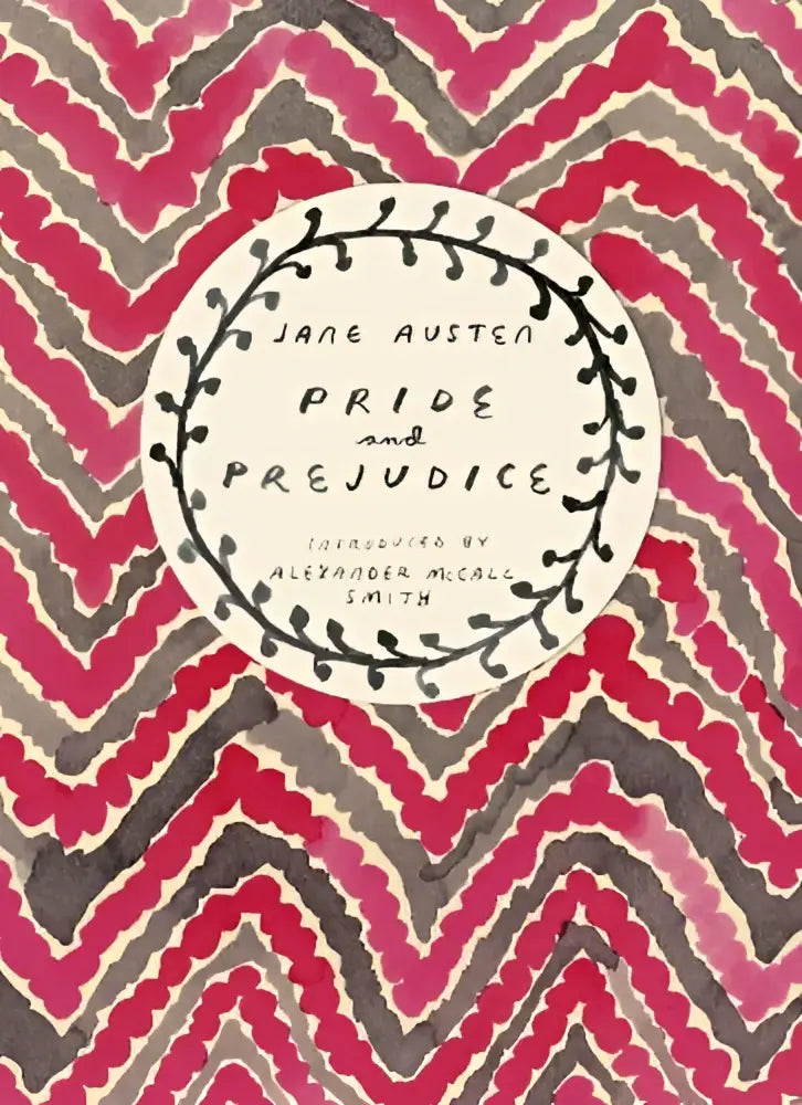 A circular white book cover with black hand-drawn foliage border titled pride and prejudice by jane austen from vintage classics austen series