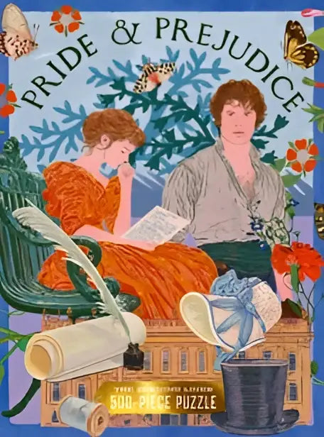 De cover van de pride and prejudice 500-piece jigsaw puzzle toont een illustratie met twee personages en vlinders
