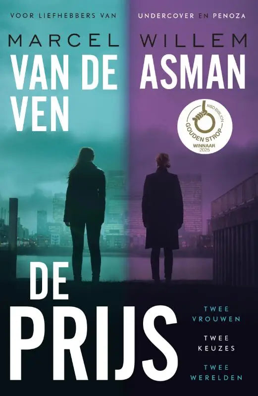 De prijs boekcover toont twee silhouetten tegen een gesplitste stadsachtergrond met de titel prijs in wit